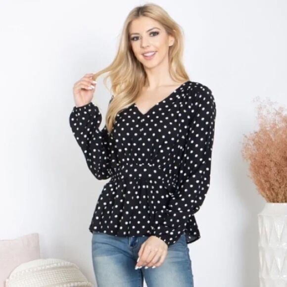Black V-Neck Long Sleeve Blouse with White Polka Dots - Picture 1 of 5